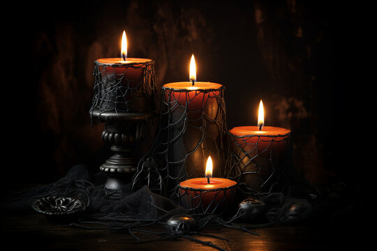 Surreal wallpaper of burning candles halloween theme concept on dark background made with generative AI technology