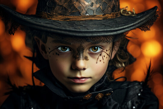 Generative AI image of little kid in magic fantastic costume creepy personage on halloween pumpkin party