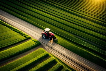 aerial image of a tractor mowing a field of green.