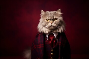 Lifestyle portrait photography of a happy selkirk rex cat wearing a tartan kilt against a rich maroon background. With generative AI technology - obrazy, fototapety, plakaty