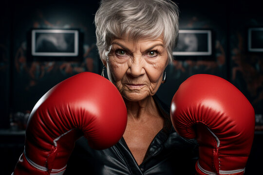 Generative AI photo of confident strong professional female boxer in a boxing ring on dark background