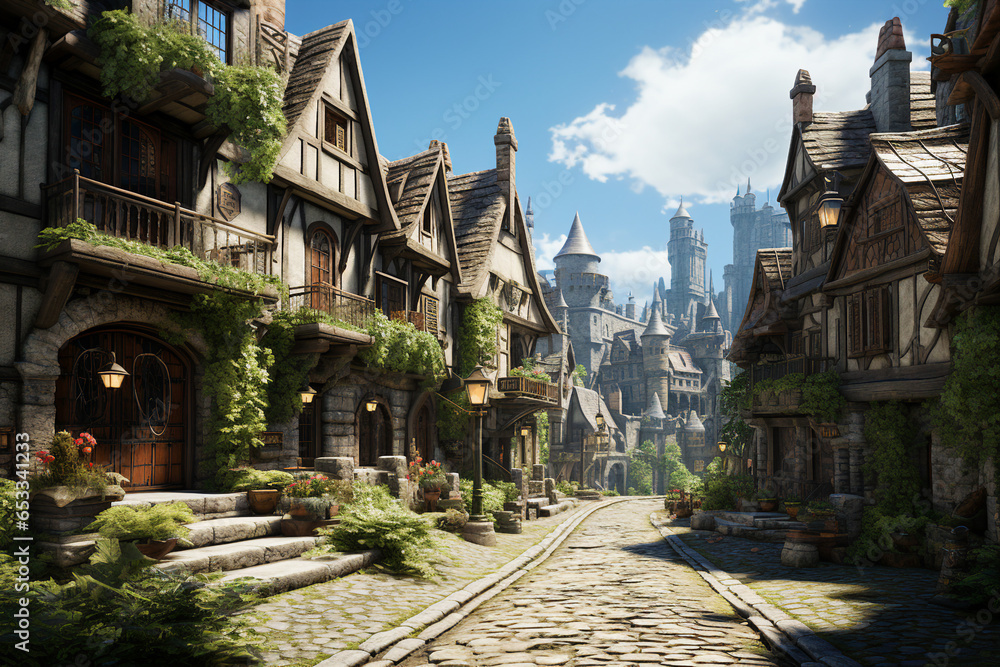 Poster medieval village background environment for computer mobile game generative ai picture