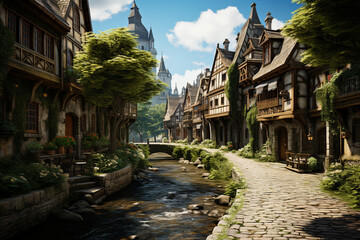 Fototapeta premium Medieval village background environment for computer mobile game generative AI picture