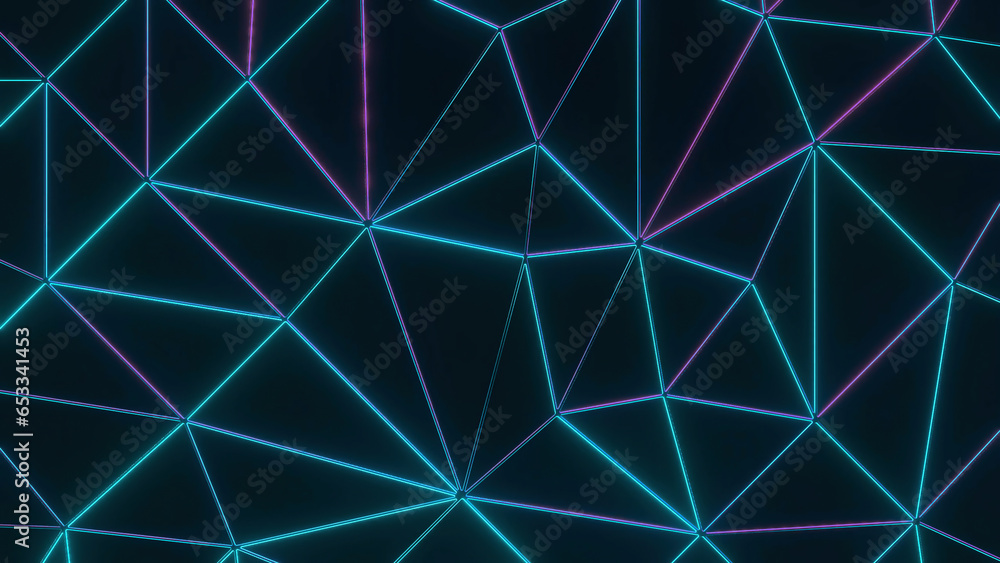 Poster background with shimmering triangular grid. design. triangular grid with neon light. triangular 3d g