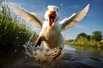 A white duck jumps out of the water. The creative concept of funny and cute animals.
