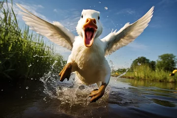 Gartenposter A white duck jumps out of the water. The creative concept of funny and cute animals. © volga