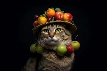 Foto op Plexiglas Lifestyle portrait photography of a smiling havana brown cat wearing a fruit hat against a dark grey background. With generative AI technology © Markus Schröder