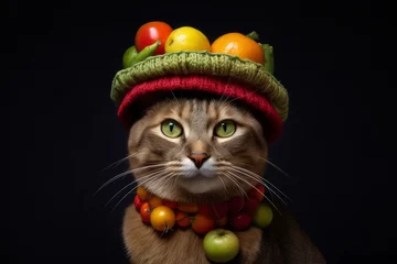Fotobehang Lifestyle portrait photography of a smiling havana brown cat wearing a fruit hat against a dark grey background. With generative AI technology © Markus Schröder