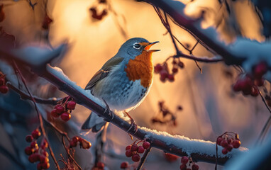A bird is singing on a tree branch in winter