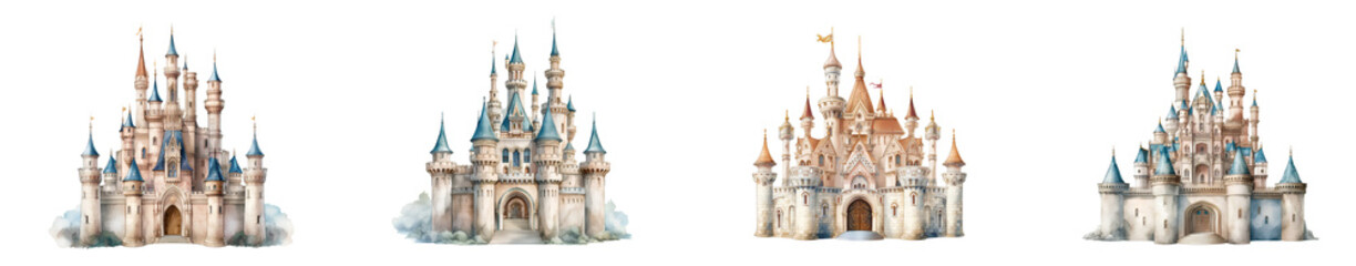 Fototapeta na wymiar Set of magic castle. Fairy tale Castle Illustration. Isolated on Transparent background.