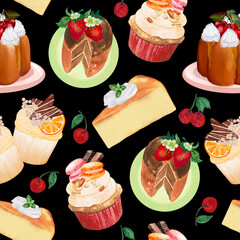 Cupcake Cake  Bread Bakery Dessert on the theme of love valentine's day  with Butter Cream and Fruit seamless pattern background