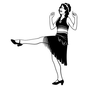 recommend clip art: Funny Flapper Girl Dancing. Pretty woman in retro suit. Black and white ink style vector clipart isolated on white.