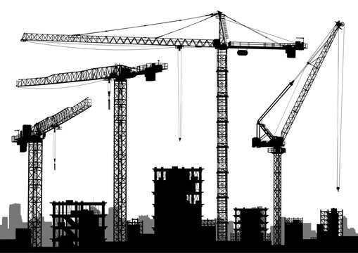Set of detailed isolated vector silhouettes of cranes and construction site