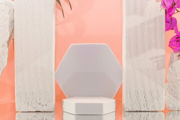 Arrière plan pastel avec présentoir pour des produits avec un rendu 3 D. Plate-forme vide avec podium pour cosmétique, bijoux, maquette ou autres objets.