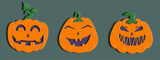 Halloween pumpkin set with unique expresion in paper cut style.
