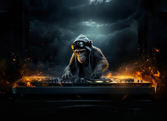 Abstract monkey DJ make music.  - obrazy, fototapety, plakaty