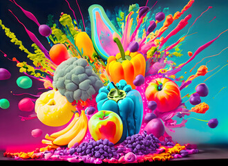 Obraz na płótnie Canvas Abstract colorful fruits and vegetables acrylic paint maximalism digital art, Generative AI.