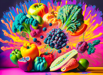 Abstract colorful fruits and vegetables acrylic paint maximalism digital art, Generative AI.