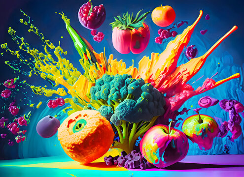 Abstract colorful fruits and vegetables acrylic paint maximalism digital art, Generative AI.