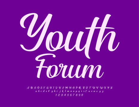 Vector trendy logotype Youth Forum. Beautiful Cursive Font. Handwritten Alphabet Letters and Numbers