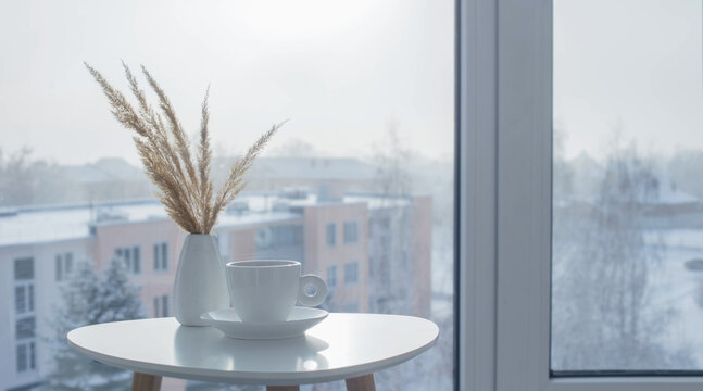 cup of coffee on white table by window on winter