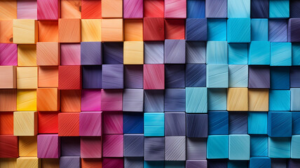 Colorful background of wooden blocks. A Spectrum of multi colored wooden blocks aligned. 