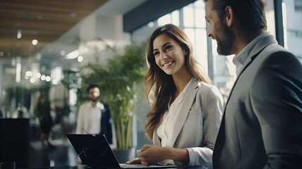 Secretary with tablet pc discussing the schedule with her boss.Businessman and businesswoman working together in front of corporate building. Business concept.