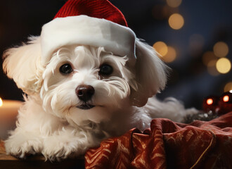 Cute white dog in a red Santa hat against the background of a Christmas tree, golden bokeh.