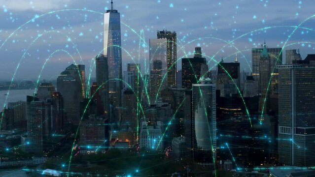 Amazing Aerial View of Lower Manhattan Skyline With Futuristic Holographic Connections. Smart Wired New York City View. IOT, AR, VR. Arches and Networks. Shot From Helicopter In 8K.