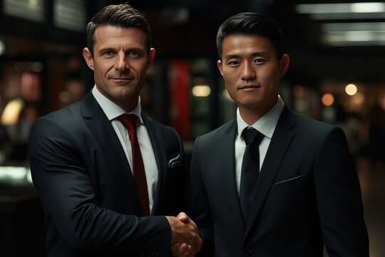 A European or American businessman shakes hands with a Chinese counterpart in a professional indoor setting. 