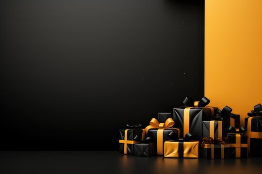 Black gift boxes on orange background. Top view with copy space. From Black Friday to Birthdays: A Black and Yellow Themed Gift Collection
