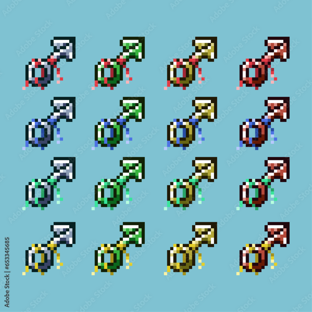 Poster pixel art sets of throwing weapon with variation color item asset simple bits of ninja dagger on pix