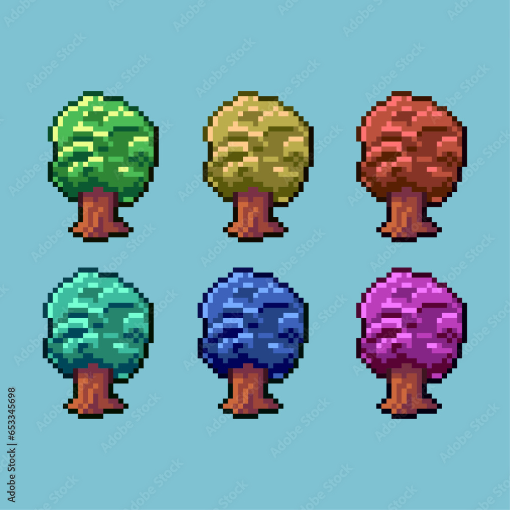 Poster pixel art sets of tree with variation color item asset simple bits of tree on pixelated style 8bits 