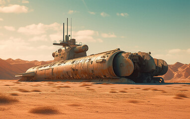 A submarine in the middle of the desert - obrazy, fototapety, plakaty