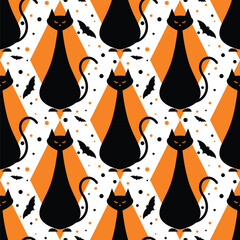 Black cats and bats geometric Halloween Pattern - 653346022