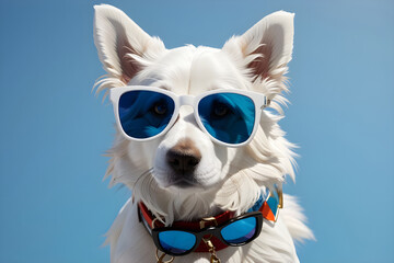 white dog wearing trendy sunglass with blue background Generative AI 