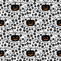 Halloween Jack o lantern Pumpkin vines seamless pattern - 653346098