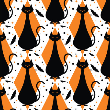 Black cats and bats geometric Halloween Pattern