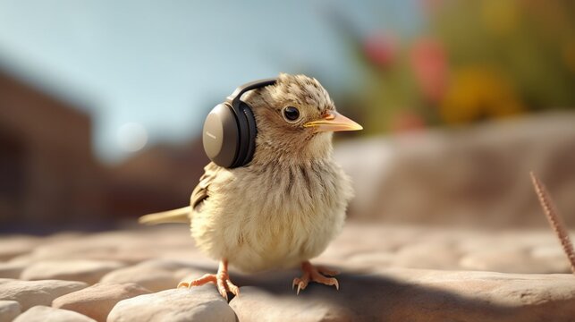 lark bird wearing wireless headphones.Generative AI