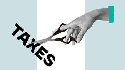 Collage with scissors cutting the word Taxes. Tax deductions and Tax cut plan