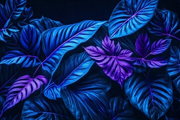 intense blue and violet tropical plant glowing neon. exquisite leaves close up, abstract nature background, dark blue and purple toned. Leaf details. Future, exotic, trendy concept. daring color lush - obrazy, fototapety, plakaty