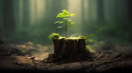 A young, vibrant tree sprouting from the center of an old, weathered tree stump, symbolizing resilience, rebirth, and the cyclical nature of life. Environmental conservation and sustainability. - obrazy, fototapety, plakaty