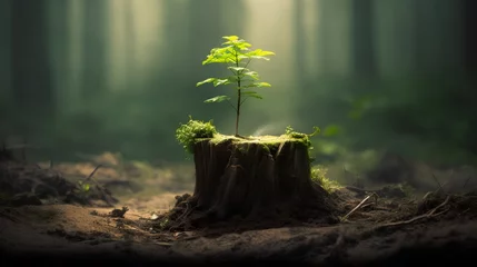 Foto op Plexiglas A young, vibrant tree sprouting from the center of an old, weathered tree stump, symbolizing resilience, rebirth, and the cyclical nature of life. Environmental conservation and sustainability. © TensorSpark