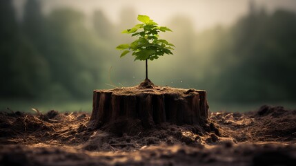 A young, vibrant tree sprouting from the center of an old, weathered tree stump, symbolizing resilience, rebirth, and the cyclical nature of life. Environmental conservation and sustainability. - obrazy, fototapety, plakaty