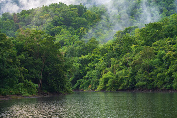 A small lake in Thailand surrounded by mountains with lush green forest and mist.