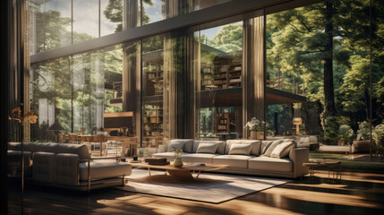 Obraz premium large living room with high ceilings and cozy furnishings