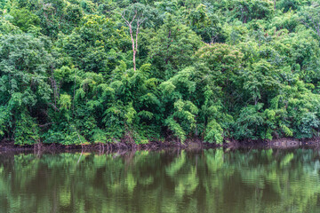 A small lake in Thailand surrounded by mountains with lush green forest and mist.