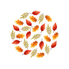 Obraz premium Wreath of autumn leaves. Background with hand drawn autumn leaves. Fall of the leaves. Sketch, design elements. Vector illustration. Design element for poster, web, flyers, invitation, postcard, Happy