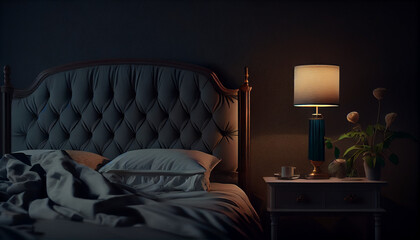 A large bed with a lamp next to it in a dark room for rest and natural background, Ai generated image