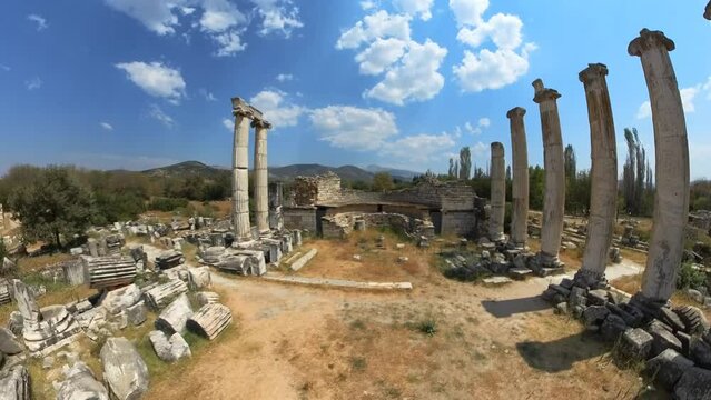 Aerial view of the ancient Temple of Aphrodite in Aphrodisias. Visitors to Aphrodisias can wander through its grand colonnaded streets and admire exquisite marble artworks and temples to the goddess.